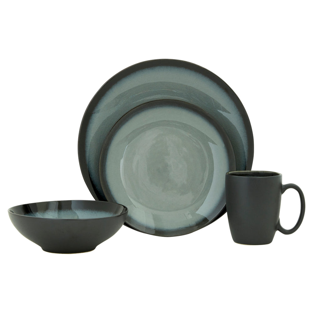 Homeroots Green And Black Sixteen Piece Round Tone On Tone Ceramic Service For Four Dinnerware Set   534530