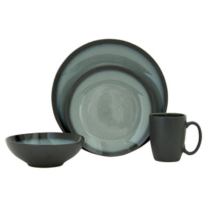 Homeroots Green And Black Sixteen Piece Round Tone On Tone Ceramic Service For Four Dinnerware Set   534530