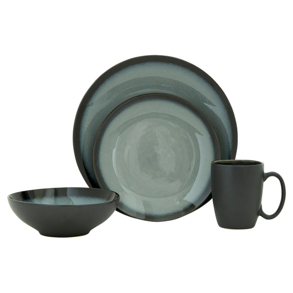 Homeroots Green And Black Sixteen Piece Round Tone On Tone Ceramic Service For Four Dinnerware Set   534530