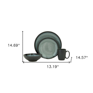 Homeroots Green And Black Sixteen Piece Round Tone On Tone Ceramic Service For Four Dinnerware Set   534530