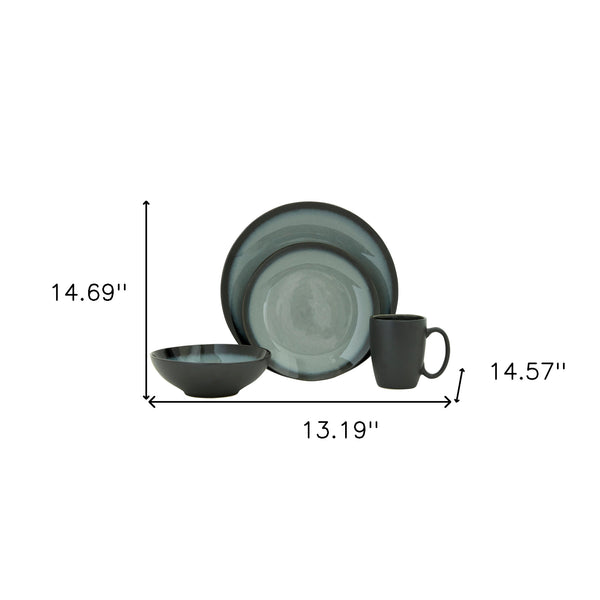 Homeroots Green And Black Sixteen Piece Round Tone On Tone Ceramic Service For Four Dinnerware Set   534530