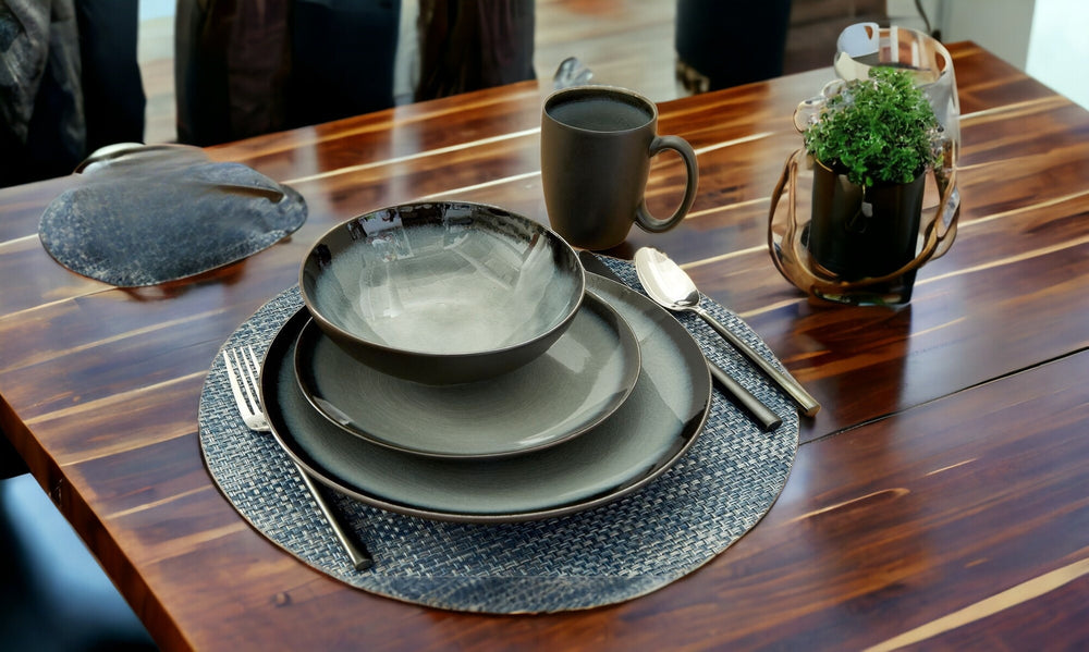 Homeroots Green And Black Sixteen Piece Round Tone On Tone Ceramic Service For Four Dinnerware Set   534530