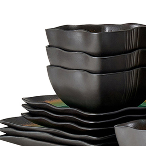 Homeroots Green And Black Sixteen Piece Square Abstract Ceramic Service For Four Dinnerware Set   534531