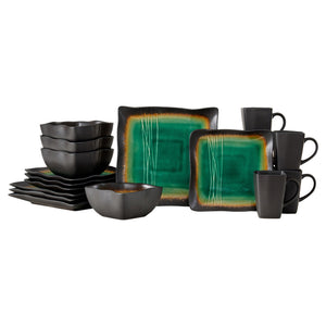 Homeroots Green And Black Sixteen Piece Square Abstract Ceramic Service For Four Dinnerware Set   534531