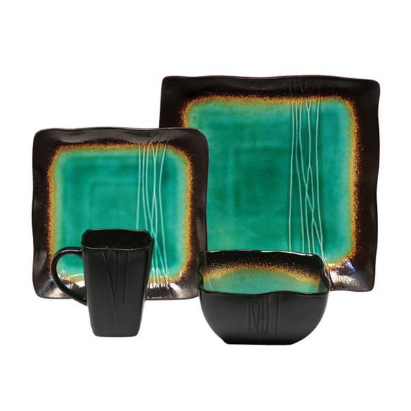 Homeroots Green And Black Sixteen Piece Square Abstract Ceramic Service For Four Dinnerware Set   534531
