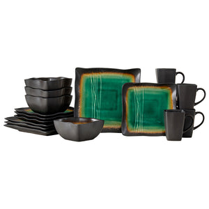 Homeroots Green And Black Sixteen Piece Square Abstract Ceramic Service For Four Dinnerware Set   534531
