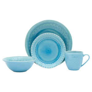 Homeroots Aqua Sixteen Piece Floral Medallion Ceramic Service For Four Dinnerware Set   534533