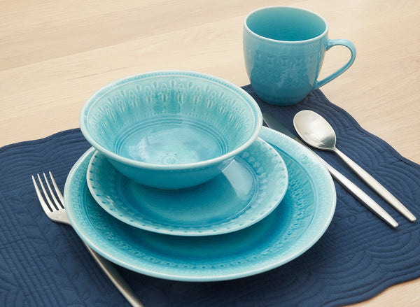 Homeroots Aqua Sixteen Piece Floral Medallion Ceramic Service For Four Dinnerware Set   534533