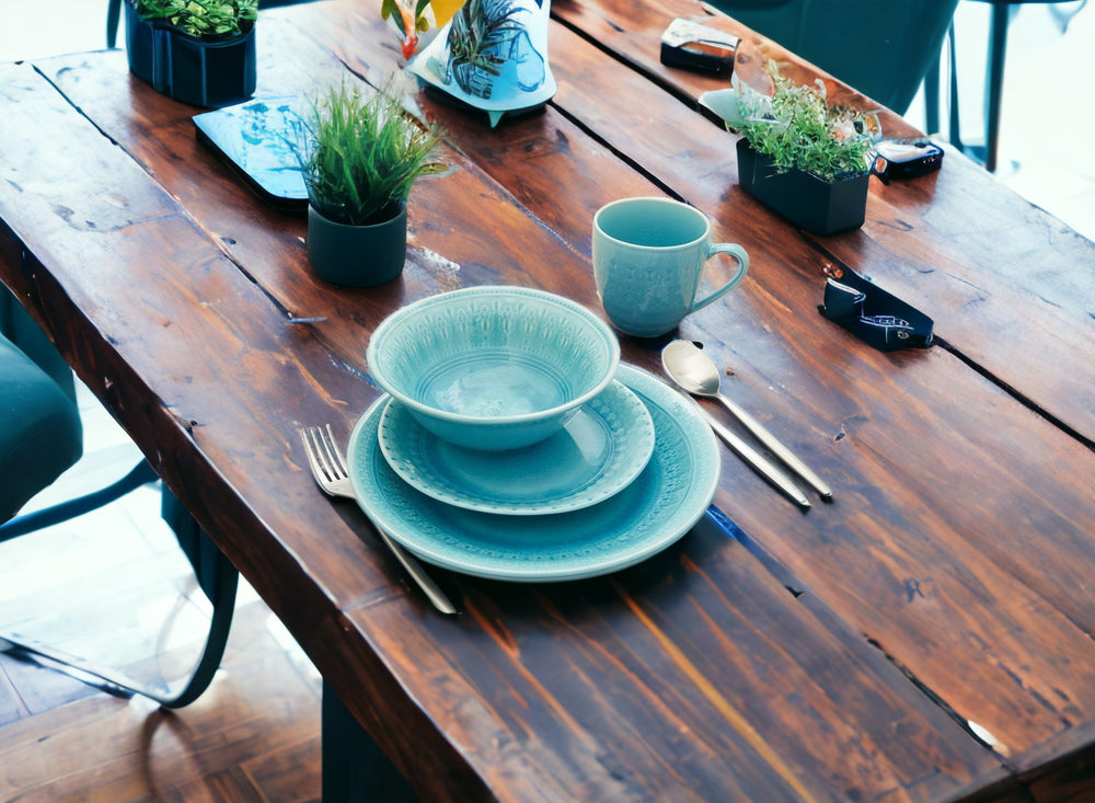 Homeroots Aqua Sixteen Piece Floral Medallion Ceramic Service For Four Dinnerware Set   534533