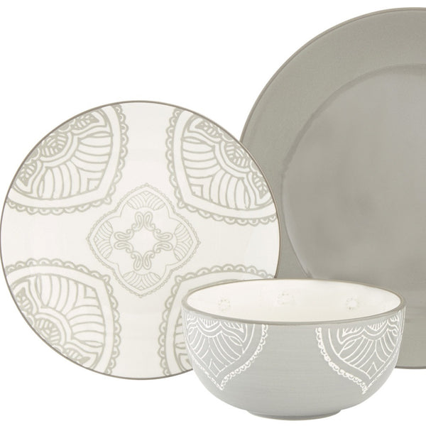 Homeroots Gray And Ivory Sixteen Piece Round Geometric Ceramic Service For Four Dinnerware Set   534534