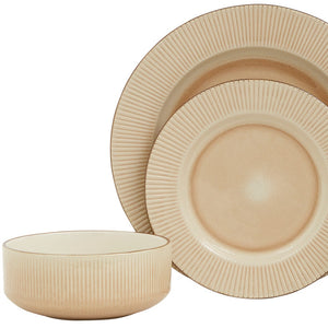 Homeroots Sand Sixteen Piece Round Striped Ceramic Service For Four Dinnerware Set   534541