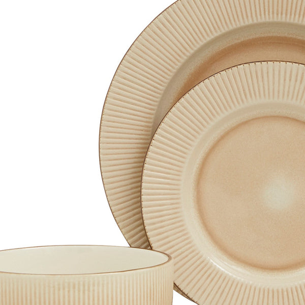 Homeroots Sand Sixteen Piece Round Striped Ceramic Service For Four Dinnerware Set   534541