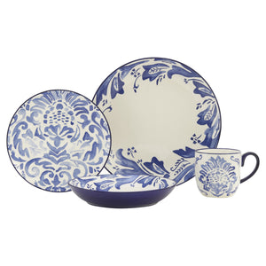 Homeroots Blue And White Sixteen Piece Round Floral Ceramic Service For Four Dinnerware Set   534542