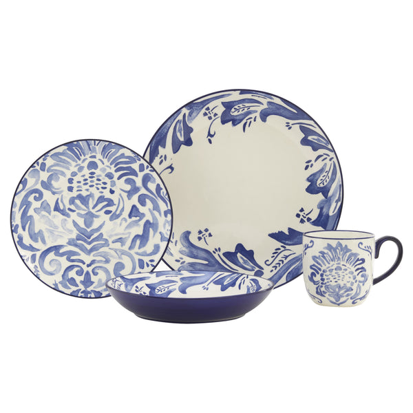 Homeroots Blue And White Sixteen Piece Round Floral Ceramic Service For Four Dinnerware Set   534542