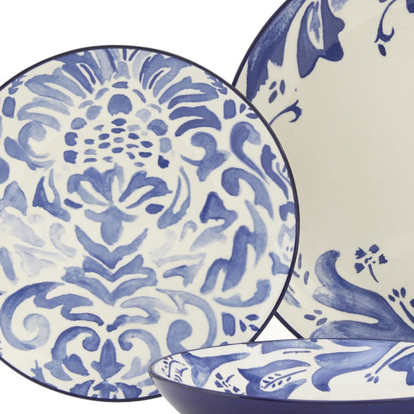 Homeroots Blue And White Sixteen Piece Round Floral Ceramic Service For Four Dinnerware Set   534542