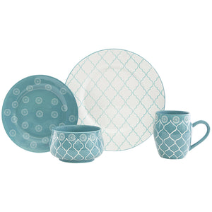 Homeroots Turquoise Sixteen Piece Round Trellis Ceramic Service For Four Dinnerware Set   534543