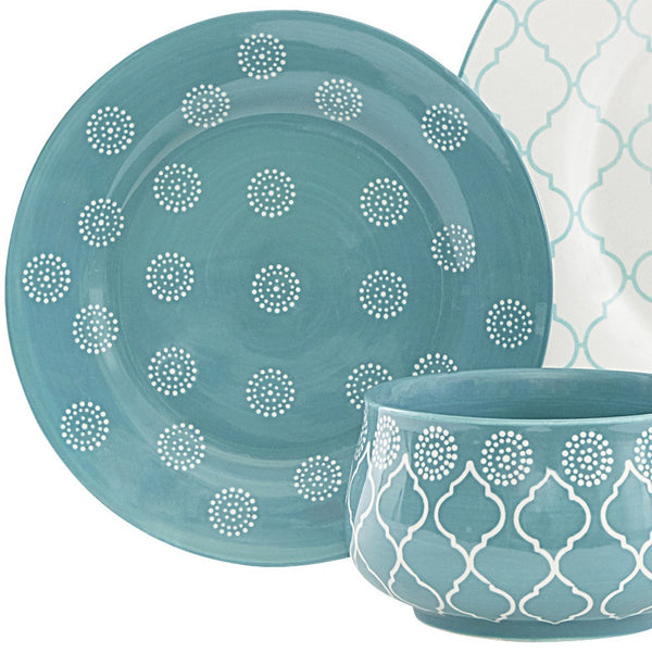 Homeroots Turquoise Sixteen Piece Round Trellis Ceramic Service For Four Dinnerware Set   534543