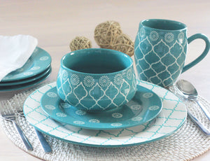 Homeroots Turquoise Sixteen Piece Round Trellis Ceramic Service For Four Dinnerware Set   534543