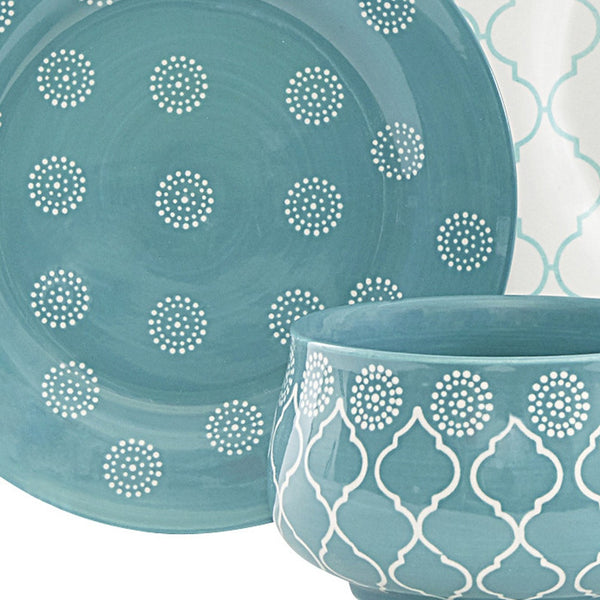 Homeroots Turquoise Sixteen Piece Round Trellis Ceramic Service For Four Dinnerware Set   534543