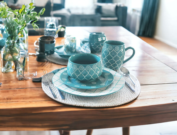 Homeroots Turquoise Sixteen Piece Round Trellis Ceramic Service For Four Dinnerware Set   534543