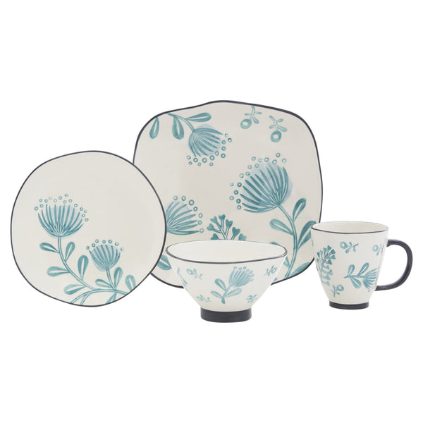 Homeroots Blue And White Sixteen Piece Round Floral Ceramic Service For Four Dinnerware Set   534544