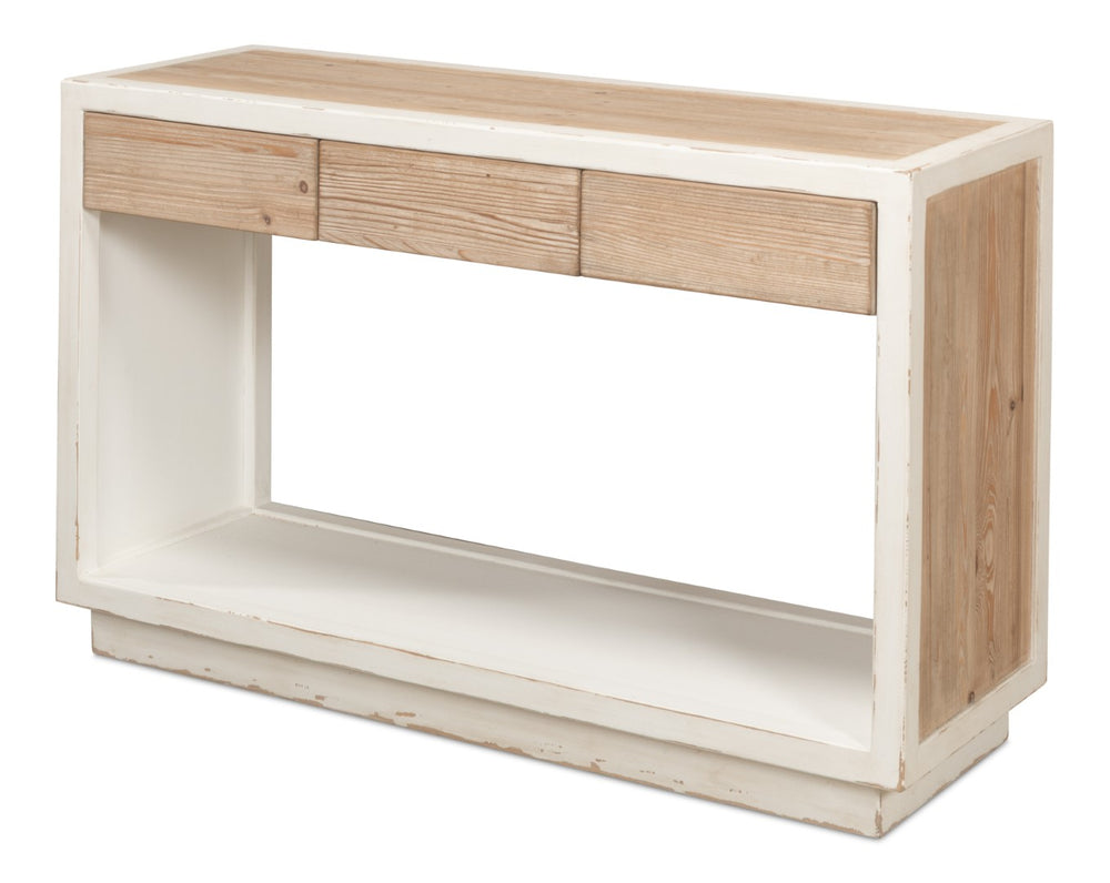 Sarreid Connor Center Drawer Console - Antique White With Weathered Top, Stylish Reclaimed Fir Design White  53456