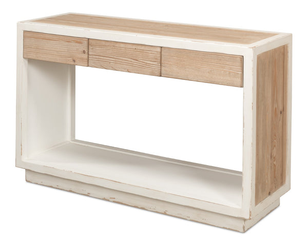 Sarreid Connor Center Drawer Console - Antique White With Weathered Top, Stylish Reclaimed Fir Design White  53456