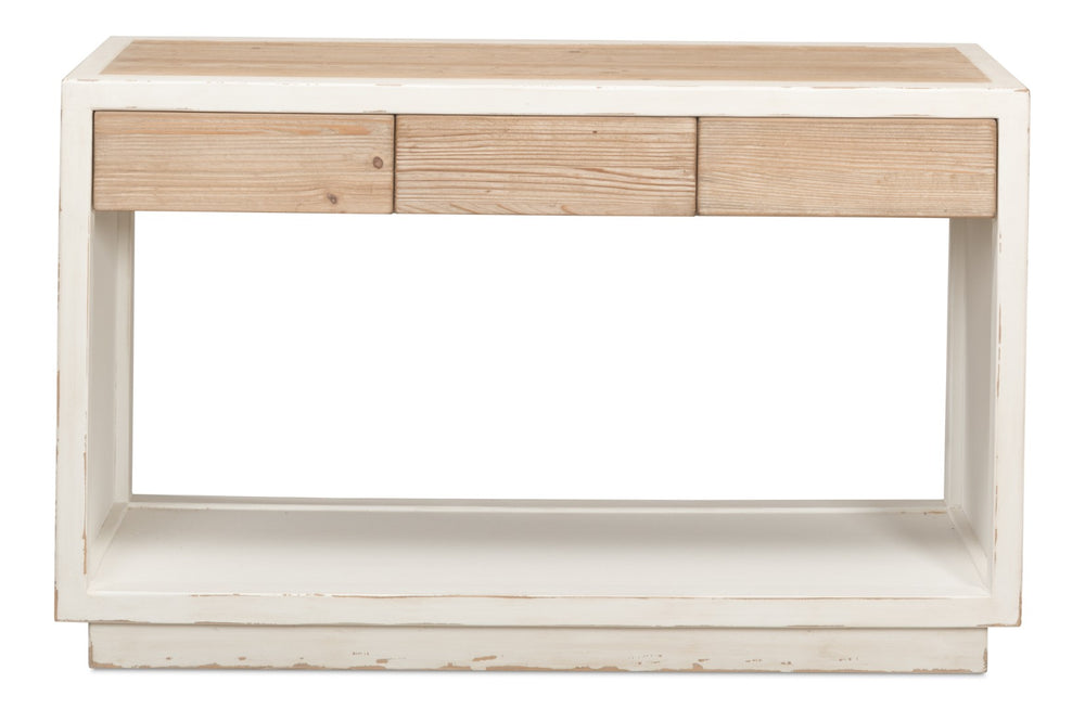 Sarreid Connor Center Drawer Console - Antique White With Weathered Top, Stylish Reclaimed Fir Design White  53456