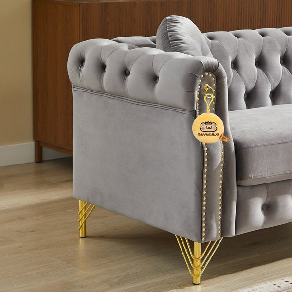 English Elm Velvet Chesterfield Tufted Sofa with Copper Stud Trim and Gold Legs for Glam Living Grey W834S00624