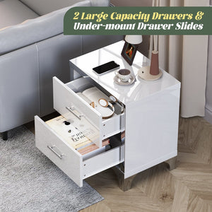 English Elm High Gloss Mirrored 2 Drawer Nightstand Slim Metal Legs Modern Bedroom Side Table White W5271P416521