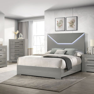English Elm Pierce Grey High Gloss Queen Bed with Diamond Textured Panel and Touch LED Headboard, Modern Romantic Design B062S01369
