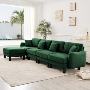 English Elm Boucle Fabric Convertible L-Shaped Sectional Sofa For 4 With Shell Armrests & Removable Ottoman, Green W3041S00312