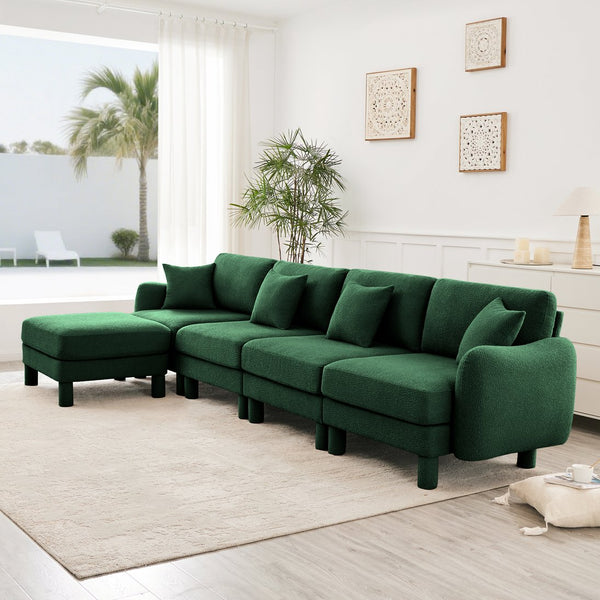 English Elm Boucle Fabric Convertible L-Shaped Sectional Sofa For 4 With Shell Armrests & Removable Ottoman, Green W3041S00312