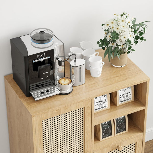English Elm Rattan Cane Front Sideboard with Drawers Adjustable Shelf Bohemian Storage Cabinet Natural T3623P434728