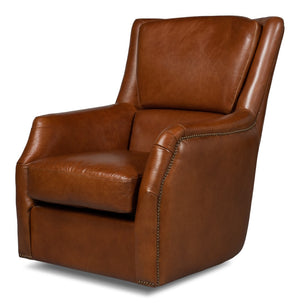 Sarreid Baker Vintage Havana Leather Swivel Chair - Elegant Wood Frame With Stylish Nailhead Detailing Brown  53468