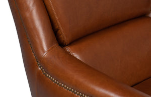 Sarreid Baker Vintage Havana Leather Swivel Chair - Elegant Wood Frame With Stylish Nailhead Detailing Brown  53468