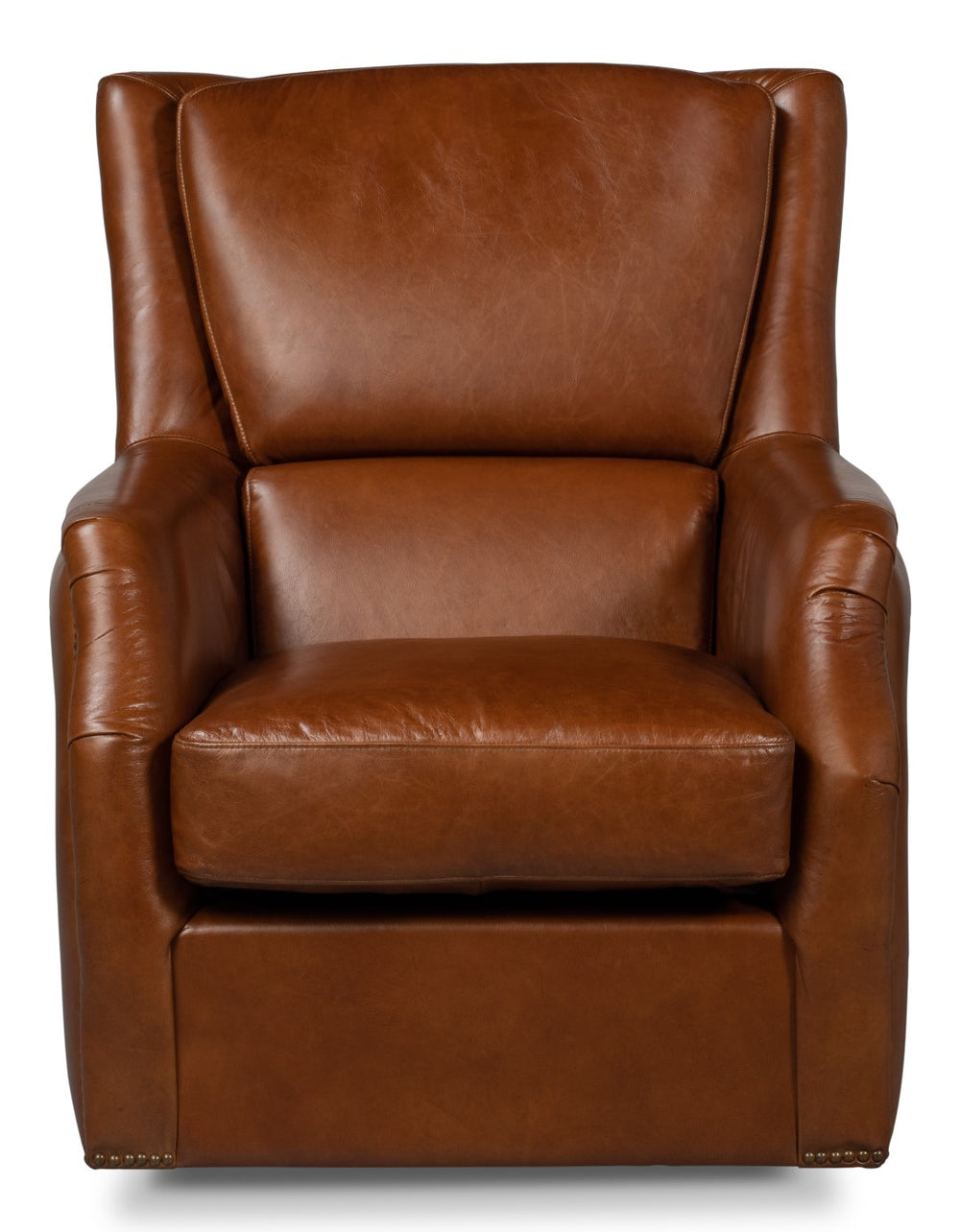 Sarreid Baker Vintage Havana Leather Swivel Chair - Elegant Wood Frame With Stylish Nailhead Detailing Brown  53468