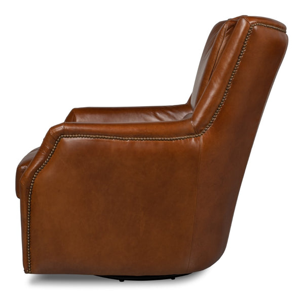 Sarreid Baker Vintage Havana Leather Swivel Chair - Elegant Wood Frame With Stylish Nailhead Detailing Brown  53468