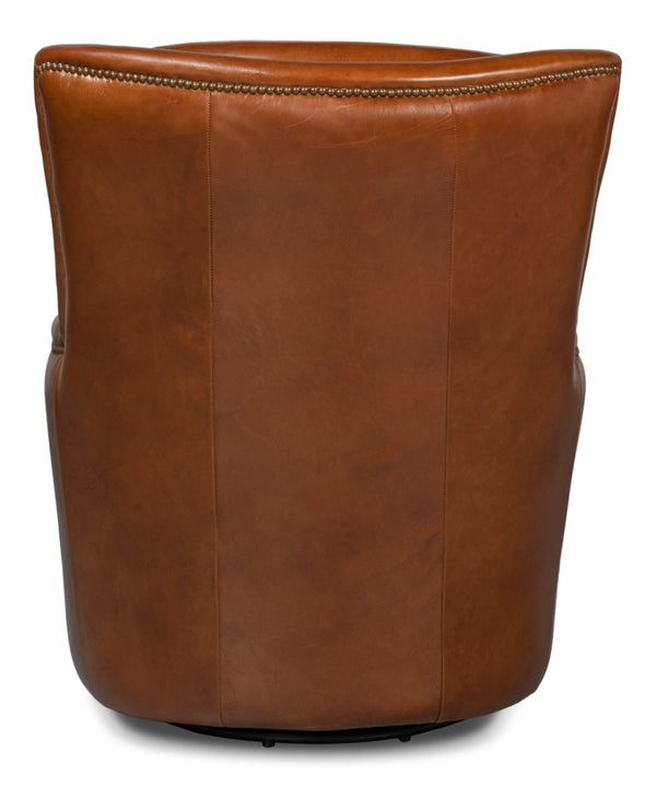 Sarreid Baker Vintage Havana Leather Swivel Chair - Elegant Wood Frame With Stylish Nailhead Detailing Brown  53468