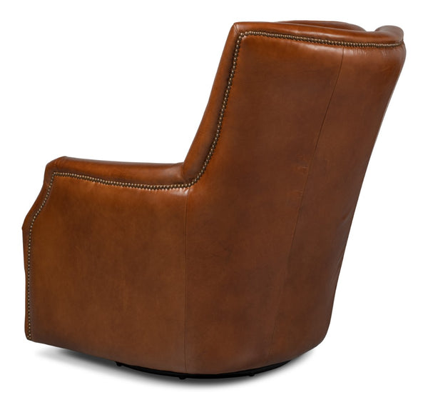 Sarreid Baker Vintage Havana Leather Swivel Chair - Elegant Wood Frame With Stylish Nailhead Detailing Brown  53468