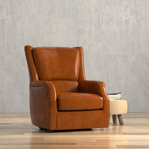 Sarreid Baker Vintage Havana Leather Swivel Chair - Elegant Wood Frame With Stylish Nailhead Detailing Brown  53468