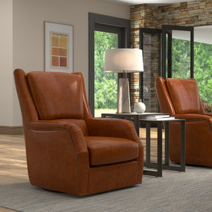 Sarreid Baker Vintage Havana Leather Swivel Chair - Elegant Wood Frame With Stylish Nailhead Detailing Brown  53468