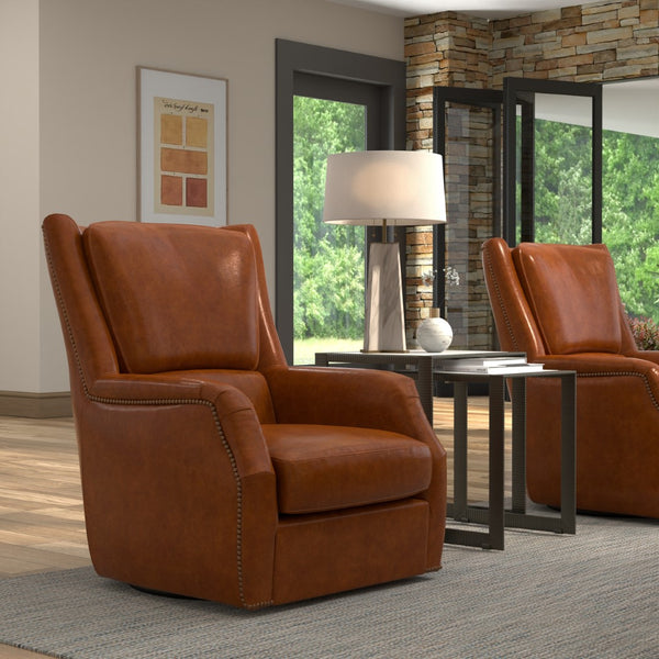 Sarreid Baker Vintage Havana Leather Swivel Chair - Elegant Wood Frame With Stylish Nailhead Detailing Brown  53468