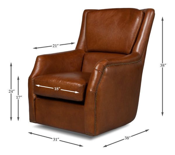 Sarreid Baker Vintage Havana Leather Swivel Chair - Elegant Wood Frame With Stylish Nailhead Detailing Brown  53468