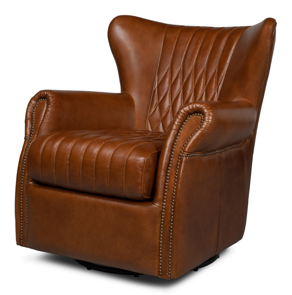 Sarreid Bugatti Leather Swivel Chair - Vintage Havana Style, Nailhead Trim & Wood Base For Ultimate Comfort Brown  53469