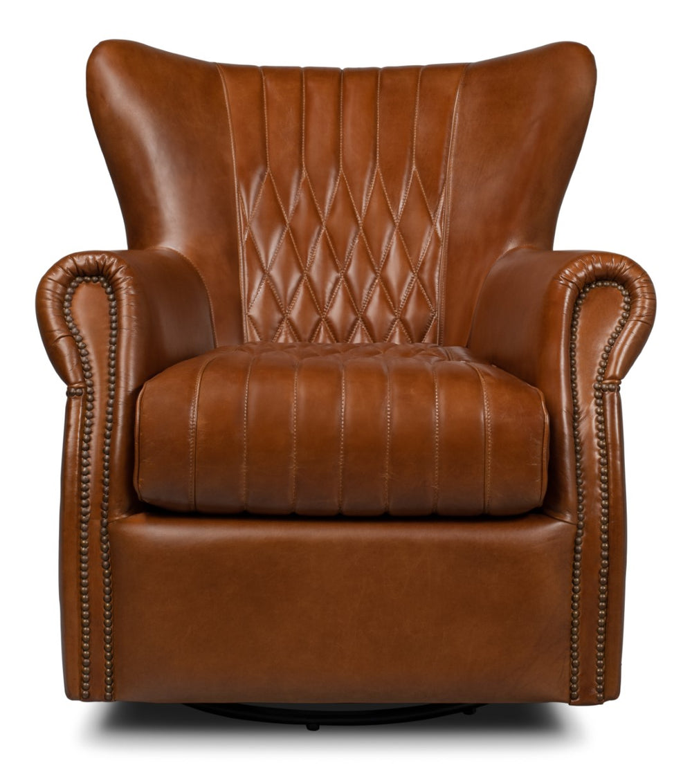 Sarreid Bugatti Leather Swivel Chair - Vintage Havana Style, Nailhead Trim & Wood Base For Ultimate Comfort Brown  53469