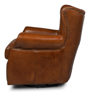 Sarreid Bugatti Leather Swivel Chair - Vintage Havana Style, Nailhead Trim & Wood Base For Ultimate Comfort Brown  53469