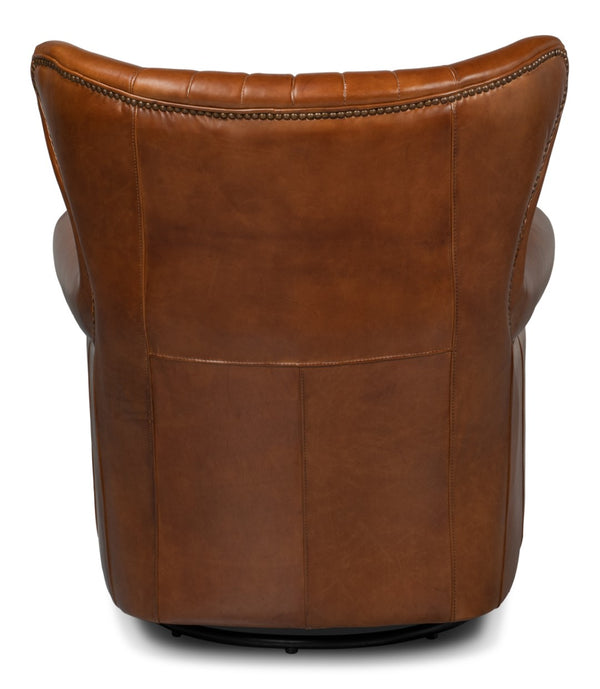 Sarreid Bugatti Leather Swivel Chair - Vintage Havana Style, Nailhead Trim & Wood Base For Ultimate Comfort Brown  53469