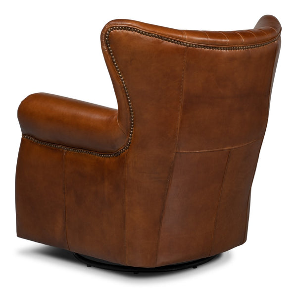Sarreid Bugatti Leather Swivel Chair - Vintage Havana Style, Nailhead Trim & Wood Base For Ultimate Comfort Brown  53469