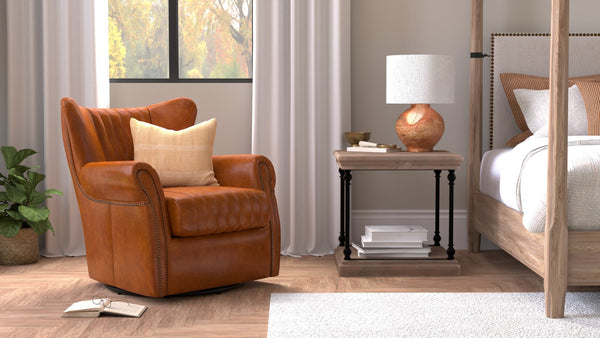 Sarreid Bugatti Leather Swivel Chair - Vintage Havana Style, Nailhead Trim & Wood Base For Ultimate Comfort Brown  53469